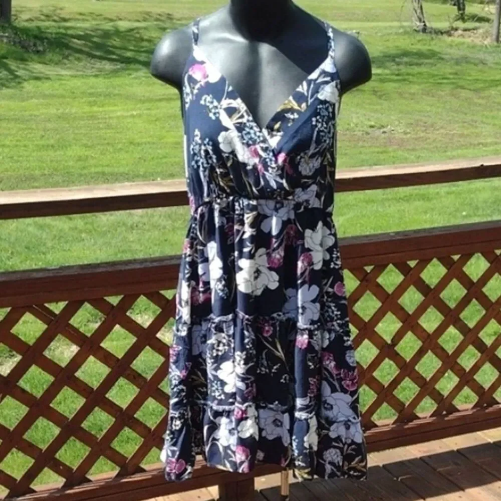Maurices Navy Blue Sundress with Floral Print and Strappy Back Size Large